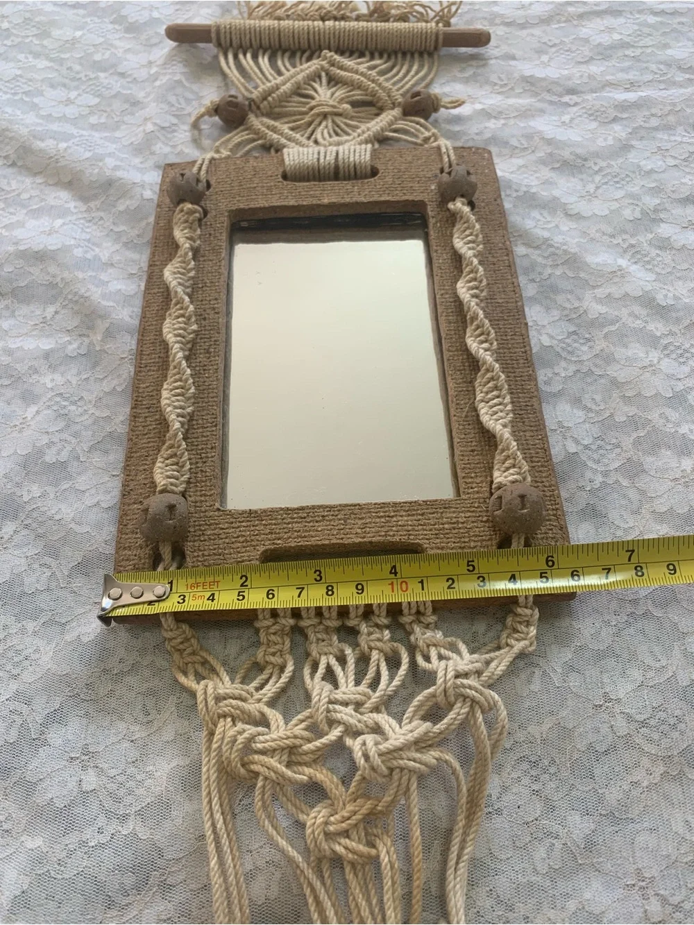 Vintage Boho Macrame Mirror Wall Hanging Textured Craft Frame & Tassels Decor